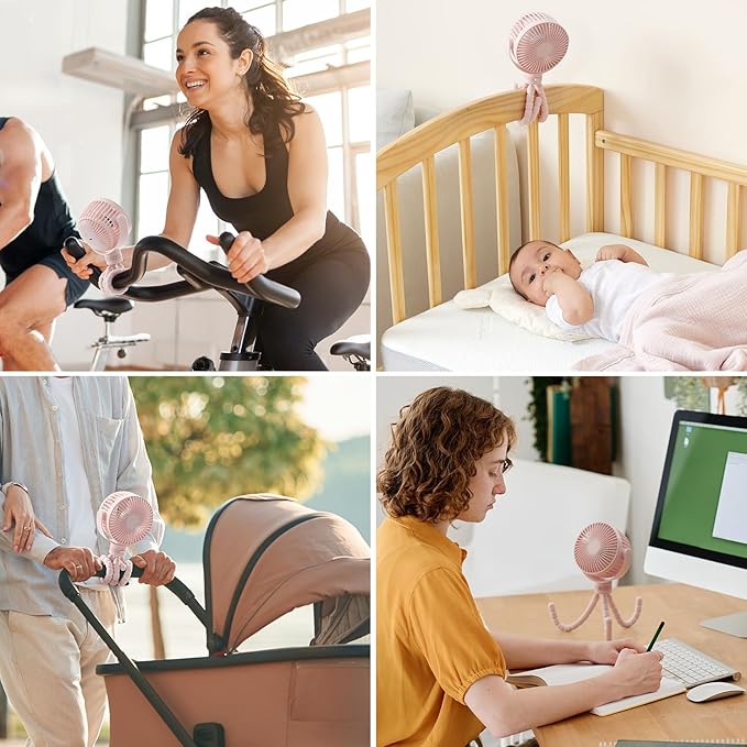 Momcozy Portable Stroller Fan, 8000mAh, 27H Ultra-long Battery Life, Detachable 4 Speed 360°Rotate, LED Night Light with 2 Modes, USB Rechargeable Handheld Cooling Fan for Travel, Car Seat, Bedroom