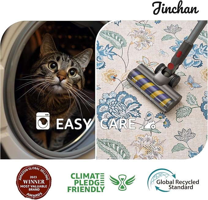 jinchan 7ft Floral Round Rug for Dining Room Washable Living Room Rug Vintage Romance Design Non Slip Indoor Floor Cover Lightweight Low-Profile Throw Carpet for Bedroom Porch Patio, Blue/Beige