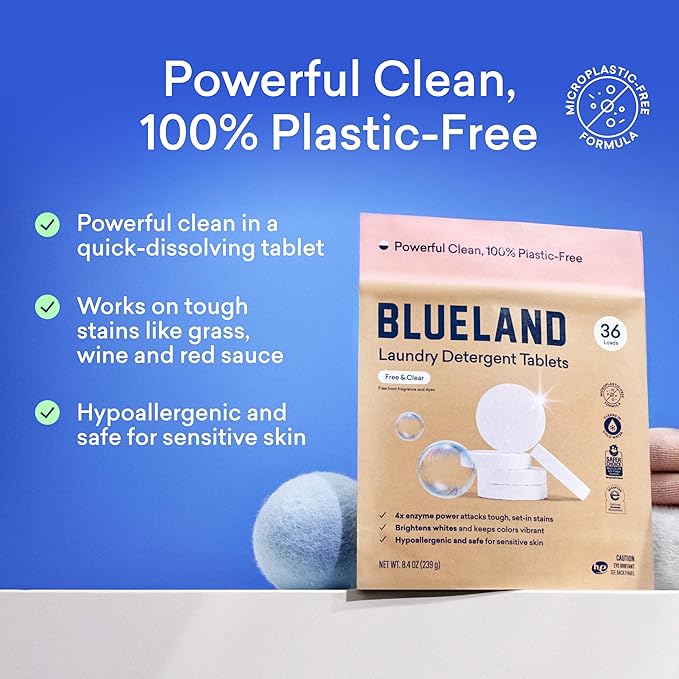 BLUELAND Laundry Detergent Tablets, 60 Count, Plastic-Free Eco-Friendly Pods, Sheets, Liquid Alternative - Fragrance Free and Clear, Natural, Gentle