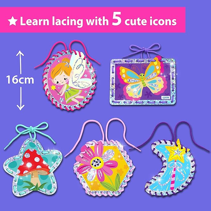 EZCRA Premium Foil Edge Lacing Cards for Kids Ages 3-6 | 5 Double-Sided Fairy Sewing Cards with Multilingual Learning | Durable Cardboard Fine Motor Skills Activity Kit