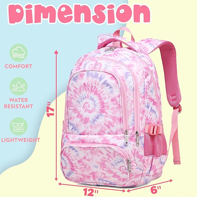 BLUEFAIRY Kids Backpack for Girls Elementary Primary Middle School Bags for Aged 8-10 for Teens Childs Bookbags Back to School Book Bags Gifts Mochilas para Niñas de 6 7 8 9 10 Años Tie-dye Pink