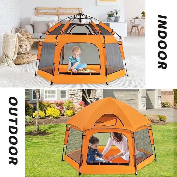 Baby Pop Up Playpen with Canopy, Pop Up Baby Pop Up Tent with Safety Lock, Portable Toddler Play Yard with Travel Bag, 6 Ground Stakes, 6 Sand Stakes