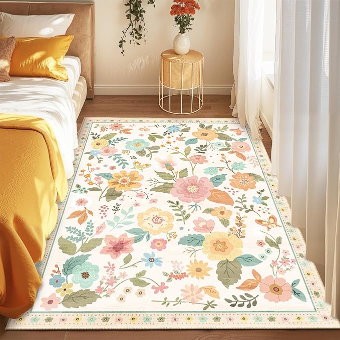 Floral 5x7 Area Rug Machine Washable Soft Print Boho Carpet Non Slip Doormat Low Pile Flower Area Rugs for Living Room Bedroom Nursery Kitchen Dining Room Indoor-Beige/White/Orange