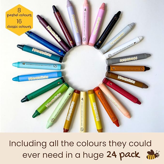Honeysticks Jumbo Crayons (24 Pack) - Non Toxic Crayons - 100% Pure Beeswax and Food Grade Colors - 24 Bright Colors - Large, Easy to Hold and Use - Preschool Art Supplies for Toddlers/Kids 3-5, 4-8