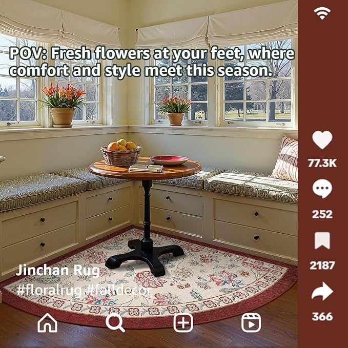 jinchan Floral Corner Rug for Kitchen Washable Nursery Rug Vintage Romance Design Non Slip Quarter Circle Lightweight Low-Pile Throw Carpet for Playroom Reading Nook Office, 5ft Radius, Red/Beige