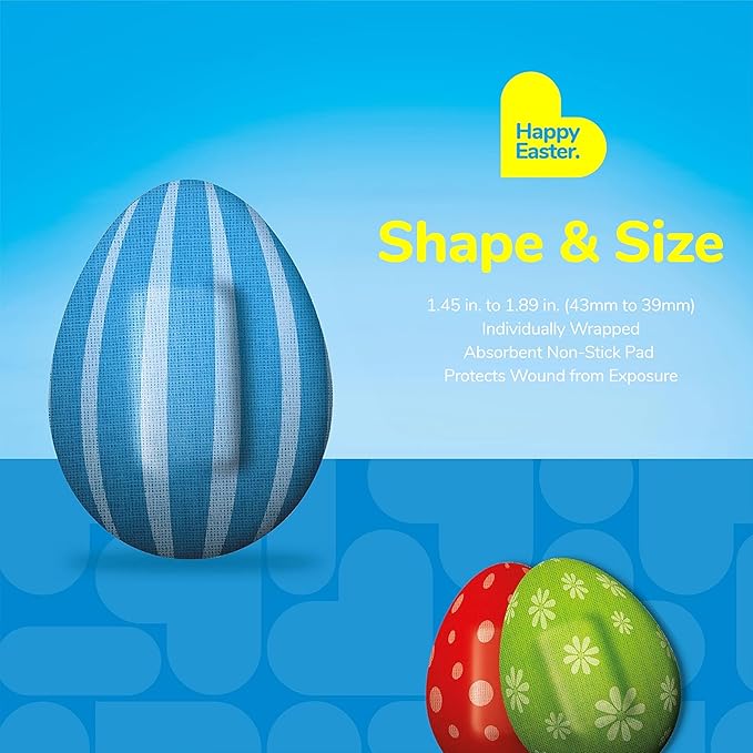 BioSwiss Bandages, Easter Egg Shaped Self Adhesive Bandage, Latex Free Sterile Wound Care, Fun First Aid Kit Supplies for Kids, 50 Count