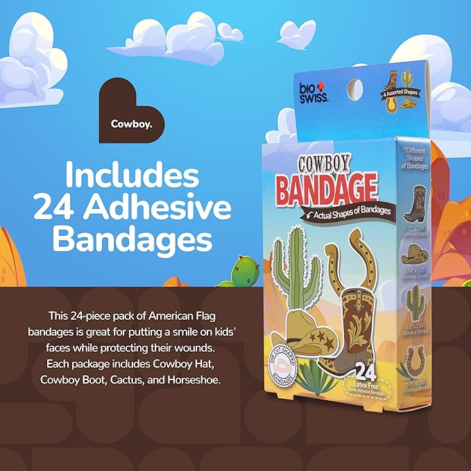 BioSwiss Bandages, Cowboy Shaped Self Adhesive Bandage, Latex Free Wound Care, Fun First Aid Kit Supplies for Kids and Adults, 24 Count
