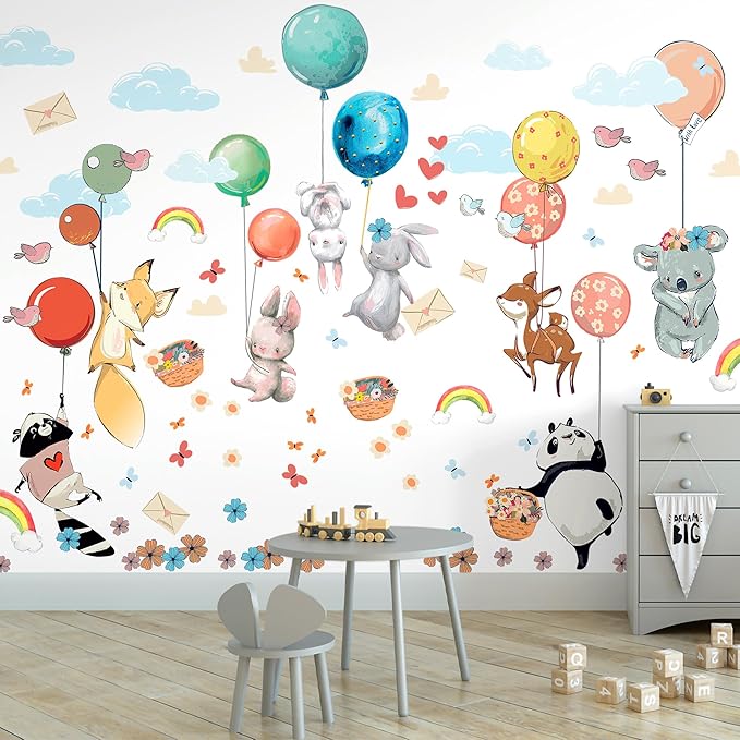 Hot Air Balloon Wall Decals by Lipastick - Peel and Stick Animal Stickers Raccoon, Fox, Koala, Panda for Kids Room, Nursery, Playroom, Bedroom - Removable Wall Decor for Boys, Girls, Babies - XXL Size