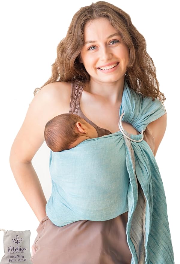Baby Sling Carrier – Breathable 100% Cotton Wrap for Infant Support, Ring Sling Baby Carrier – Grey Turquoise Adjustable Muslin Fabric – Soft Chest Hold for Travel