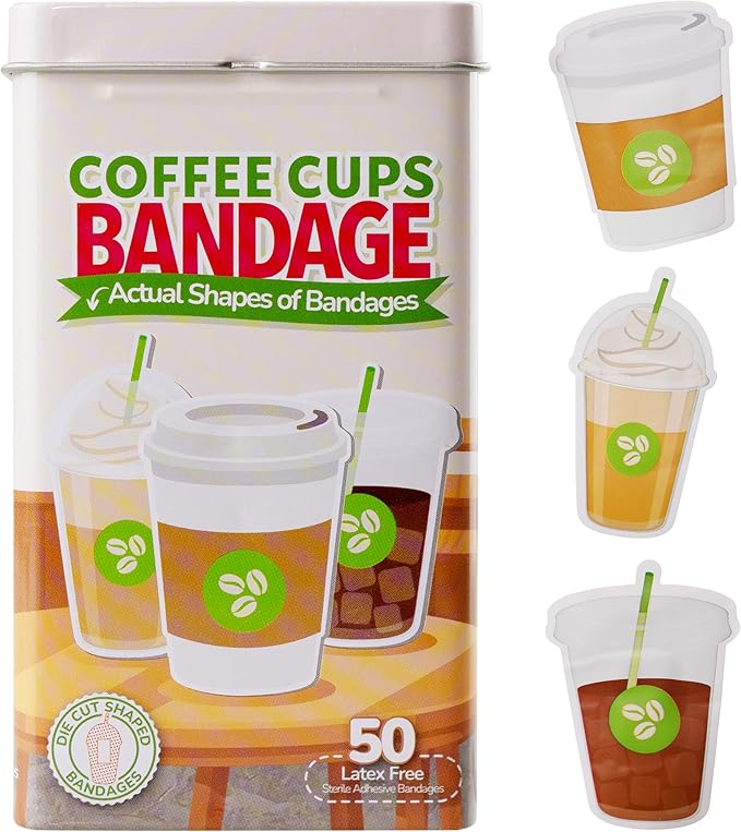 BioSwiss Bandages, Coffee Cup Shaped Self Adhesive Bandage, Latex Free Sterile Wound Care, Fun First Aid Kit Supplies for Kids, 50 Count