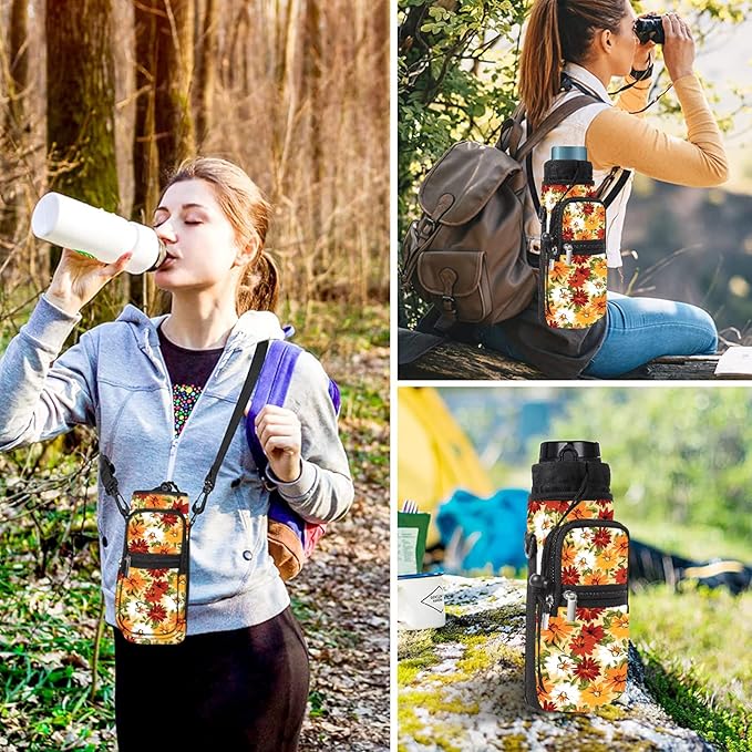 25/32/40/64oz Water Bottle Bag Holder Carrier-Insulated Crossbody Sling Case Sleeve with Strap & Pockets for Men Women Gym Cycling Travel Walking Hiking Camping