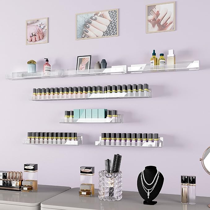 4 Pack 15 Inch Clear Acrylic Shelves, Clear Kids Floating Bookshelf for Kids Room, Modern Nail Polish Rack Sunglasses Essential Oil Picture Ledge Display Toy Storage Wall Shelf