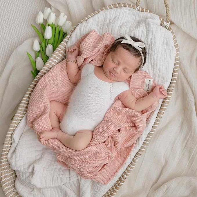 Heritage Knit Organic Receiving Swaddle Blanket for Girls - 100% Luxury Organic Cotton Soft Knit Warm Cozy Cuddle Crib Blanket for Newborns Infants & Toddlers (0-2Yrs - Blush Pink)