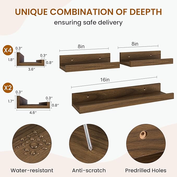 Axeman Picture Ledge Shelf, Floating Shelves for Wall Decor Storage Set of 6, 16 inch Floating Wall Mounted Shelves, Wall Shelves with Lip for Living Room, Bedroom, Nursery, Bathroom, Kitchen, Walnut