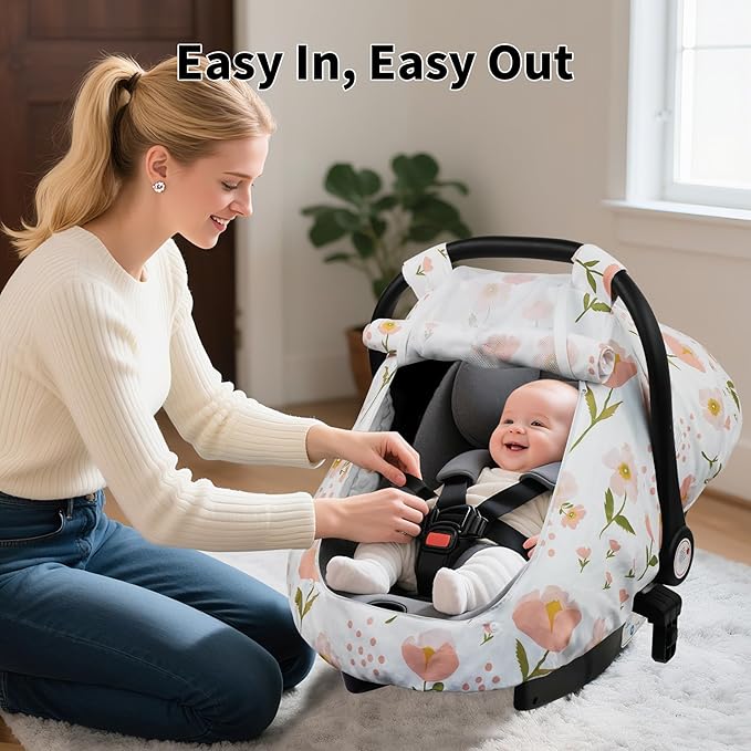 Elstey Car Seat Cover Baby, Minky Dot Carseat Covers Baby Girls, Lightweight Infant Car Seat Cover Canopy with 2 Layers Breathable Mesh Windows, Stroller Carrier for Babies Newborn Essentials