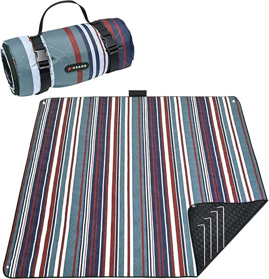 HX&OD Outdoor Picnic Blanket Extra Large, 80''*60'' Waterproof Picnic Mat with Stakes Foldable Camping Blanket Portable with Carry Strap for Beach Mat (Green& White, 80''*60'')