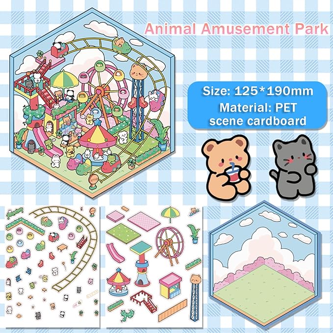 5 Set 3D Scene Stickers DIY 3D House Stickers -Fun DIY Stickers Scene Make Your Own clothing store Shop Amusement park for Adult Kids-Make Your Own Stickers-Cute Cartoon Sticker Scenes for Adults Kids