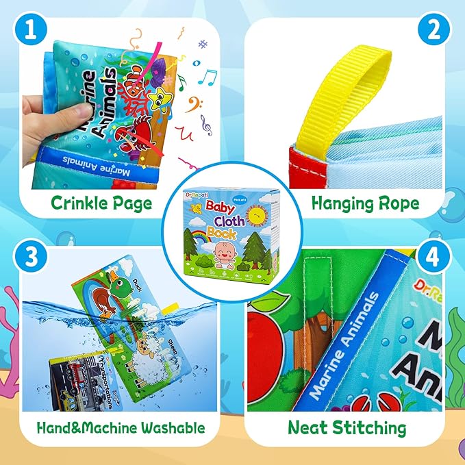 Dr.Rapeti Soft Cloth Books Baby Books Bath Books 8-Pack for Baby Infant Toddler Kid Crinkle Washable Chewable Early Educational Preschool Learning Giftable