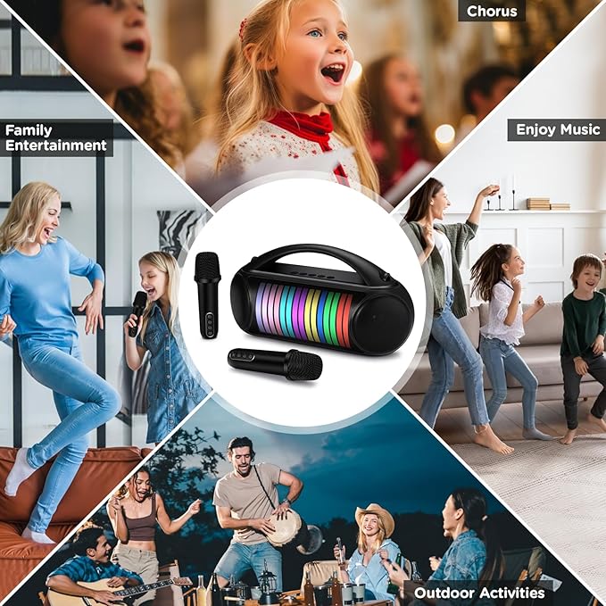 Karaoke Machine Portable Bluetooth Speaker with 2 Wireless Microphones Rechargeable Karaoke Machine for Kid and Adult Party PA Speaker Multiple LED Light Mode Support TWS/Radio/AUX/REC
