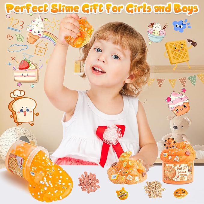 6 Packs Gradient Orange Slime Kit - Cloud Slime, Butter Slime & Clear Slime, Crunchy Slime for Kids with Various Slime Add-ins, Non Stick Slime Party Favors for Girls and Boys, 360ml Kids Slime(Bread)