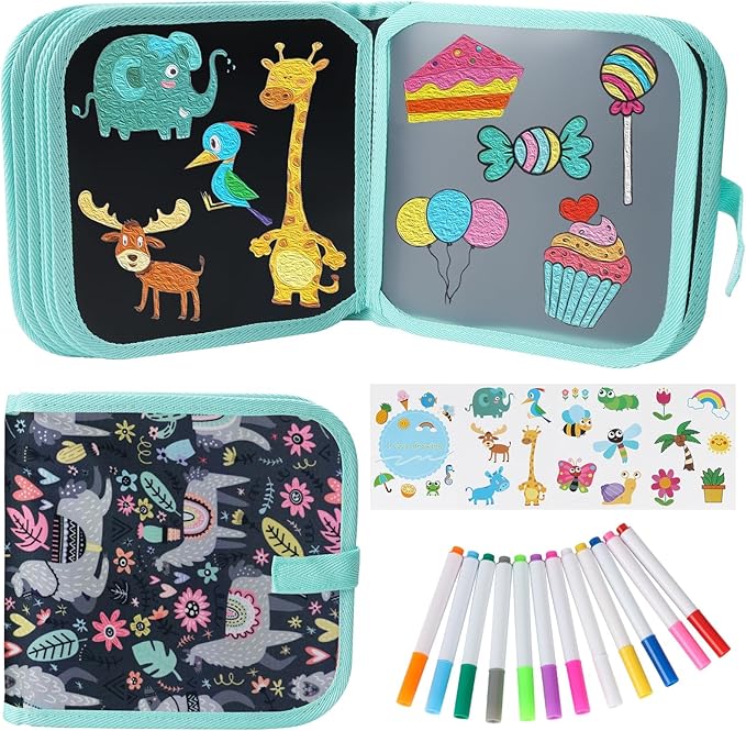 Erasable Doodle Set for Kids - Reusable Magic Drawing Book with 12 Watercolor Pens 14 Page Drawing, Road Trip Car Game Writing Painting Set for Boys and Girls (Sheep)