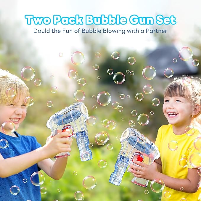 Kid Odyssey 2 Pack Bubble Gun with 4 Refill Solution and 3 Colorful LED Light, Bubble Machine for Kids, Bubble Maker for Party Favors, Birthday Gift, Indoor Outdoor Toys for Toddlers