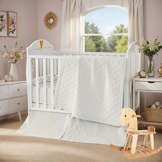 Brandream White Crib Bedding Set 6 Pieces Baby Nursery Collection with 2 packs Window Valance,Quilt,Crib Sheet,Dust Ruffle-100% Washed Cotton Like Linen Supersoft Classic Quilted Plaid Off White Cream