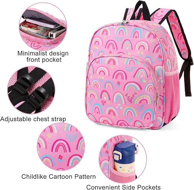 CLUCI Kids Backpack for Girls Toddler Backpack for Preschool Kindergarten Child Cute Daycare School Bookbag Travel Pink Rainbow