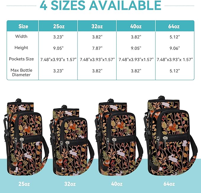 25/32/40/64oz Water Bottle Bag Holder Carrier-Insulated Crossbody Sling Case Sleeve with Strap & Pockets for Men Women Gym Cycling Travel Walking Hiking Camping