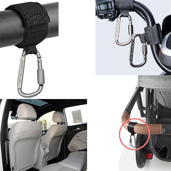 Baby Stroller Hook, Carry 30 lbs per Stroller Carabiner Clip, Adjustable Baby Stroller & Car Seat Hook for Hanging Diaper Bag, Wheelchair,Golf cart, Shopping and Pet Cart(2 Pcs Green Gold)