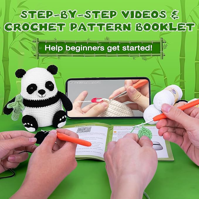 Crochetta Crochet Kit for Beginners, Crochet Kit w Step-by-Step Video Tutorials, Crochet Starter Kit Learn to Crochet Kits for Adults Kids Beginners, Crochet Kit Panda (40%+ Yarn Content)