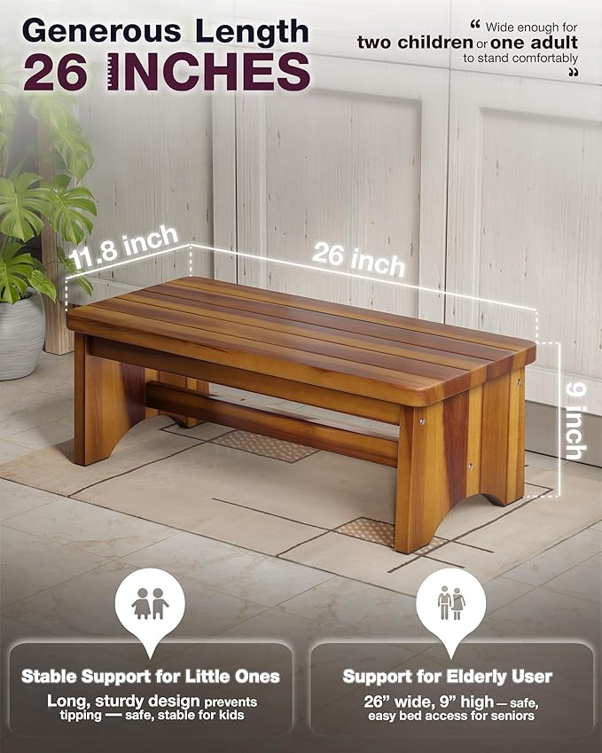 Extra Wide 26in Wooden Step Stool, Heavy Duty One Step Stool for Adults and Seniors, Holds Up to 550 lbs, Reinforced Cross Bar, Non-Skid Surface, Multipurpose Use for Kitchen, Bathroom, Bedroom