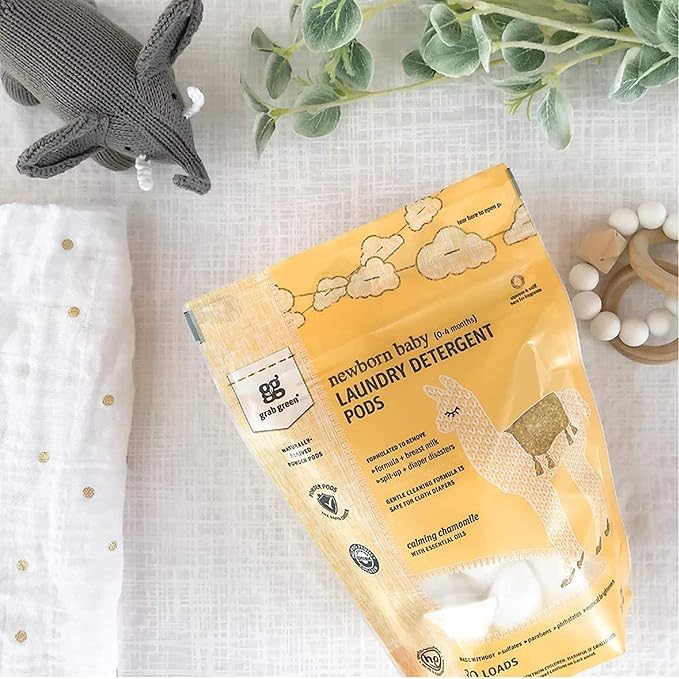Grab Green Newborn Baby Laundry Detergent Pods, 60 Loads, Chamomile, Mineral Based, Non-Toxic, Stain Remover