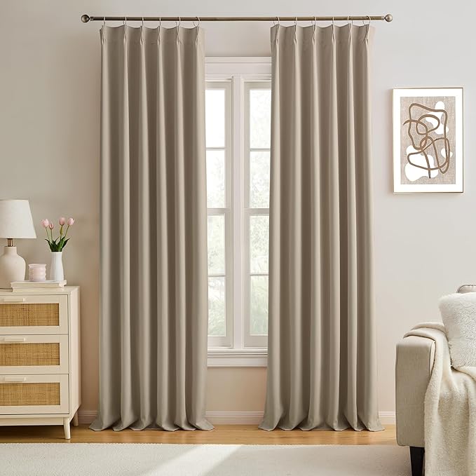 KEQIAOSUOCAI 100 Inch Curtain Panels Pinch Pleated Light Blocking Solid Custom Made Pleated Curtains Hooks Track Privacy Memory Shape Drape for Living Room,Khaki,40x100, Set of 2