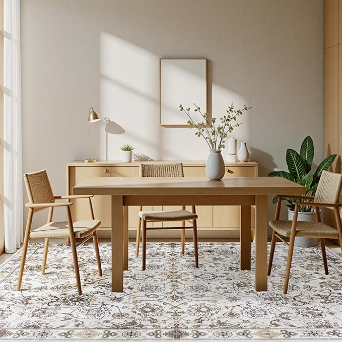 9x12 Neutral Area Rug for Living Room, Washable Large Rugs, Vintage Floral Soft Carpet, Non Slip & Low Pile, Wool Carpets for Indoor Bedroom Dining Home Playroom Office Under Table, Beige