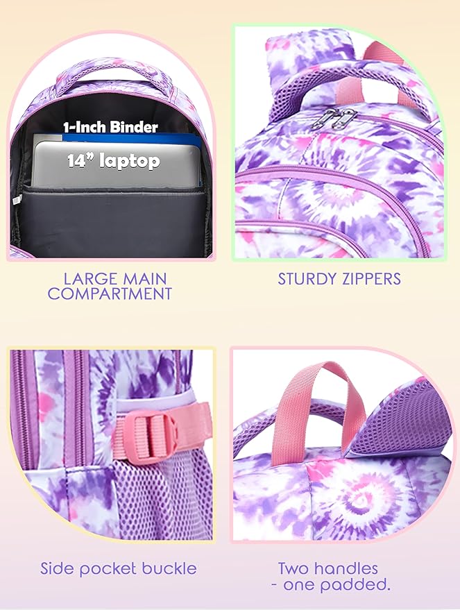 BLUEFAIRY Kids Backpack for Girls Elementary Primary Middle School Bag for Aged 8-10 for Teens Childs Bookbag Back to School Bag Mochilas Escolares para Niñas de 7 8 9 10 Tie-dye Purple