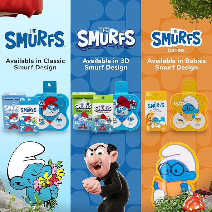 BioSwiss Bandages, The Smurfs in 3D Shaped Self Adhesive Bandage, Latex Free Sterile Wound Care, Fun First Aid Kit Supplies for Kids and Adults, 24 Count Box