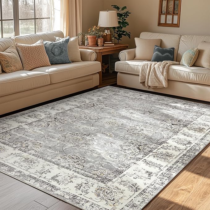 jinchan Vintage Floral 5x7 Area Rugs for Bedroom - Machine Washable Distressed Design Stain Resistant Boho Carpet Ultra-Thin Low Pile Non-Slip Rug for Living Room Dining Room Kitchen (5‘x7',Grey)