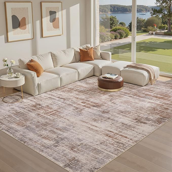 Area Rug for Living Room: 10x14 Washable Neutral Abstract Modern Soft Rugs Non Slip Indoor Floor Stain Resistant Large Carpet for Bedroom Dining Room Office Nursery - Red Brown