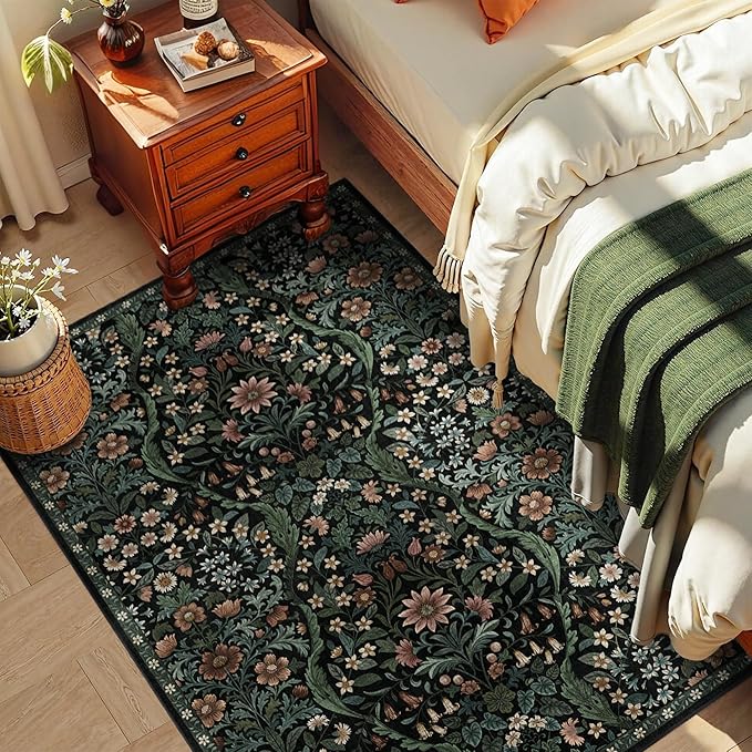 3x5 Black Boho Floral Vintage Area Rug,Soft Lightweight Low Pile Non-Shedding Carpet,Machine Washable Stain Resistant & Non-Slip for Entryway,Bedroom, Kids Room,Living Room