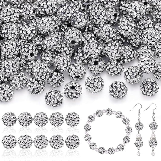 105pcs 10mm Rhinestone Beads for Jewelry Making, Black White Shiny Round Disco Ball Beads Bulk, Sparkle Crystal Clay Christmas for Bracelet Baseball Necklace Earring Crafting and DIY