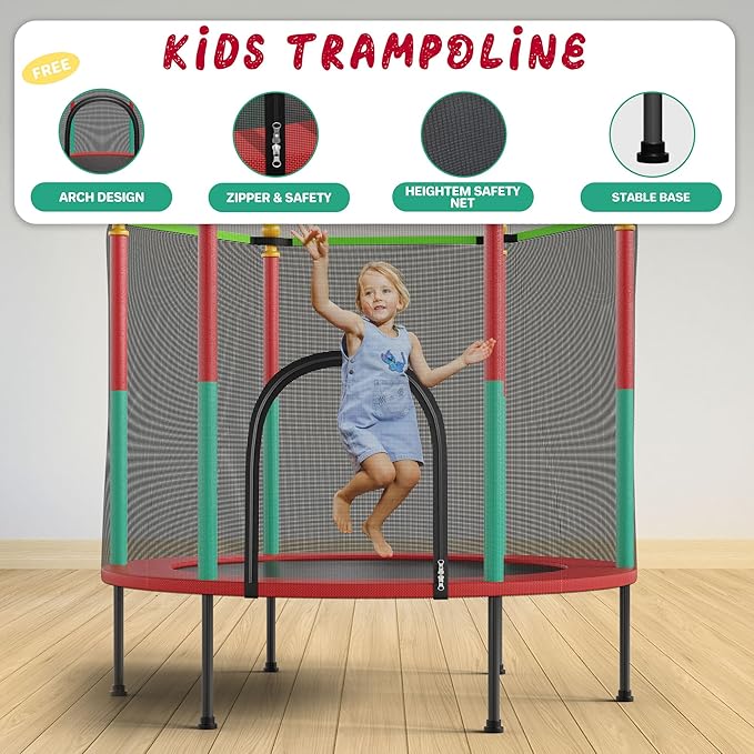 55IN Trampoline for Kids - Indoor/Outdoor Play with Enclosure Net - Easy to Assemble Recreational Trampoline - Red