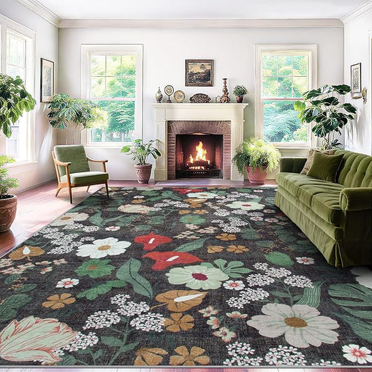 8x10 Area Rug for Living Room: Vintage Floral Washable Rug Soft Boho Non Slip Carpet Large Indoor Floor Non Shedding Low Pile Thin Carpets for Bedroom Dining Room Farmhouse Nursery Home Office Green