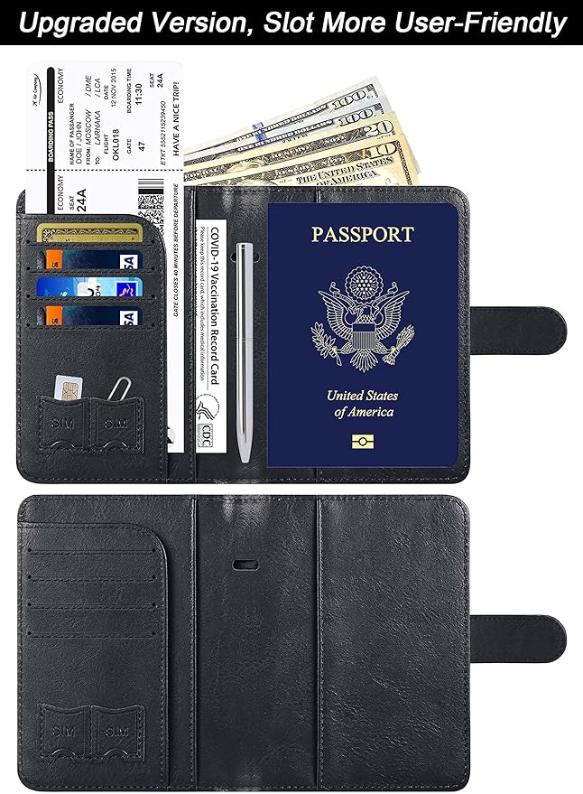 Airtag Passport Holder Cover Wallet Travel Essentials Leather RFID Blocking Case Vacation Luggage Must Haves Travel Accessories for Men Women (117#Black)