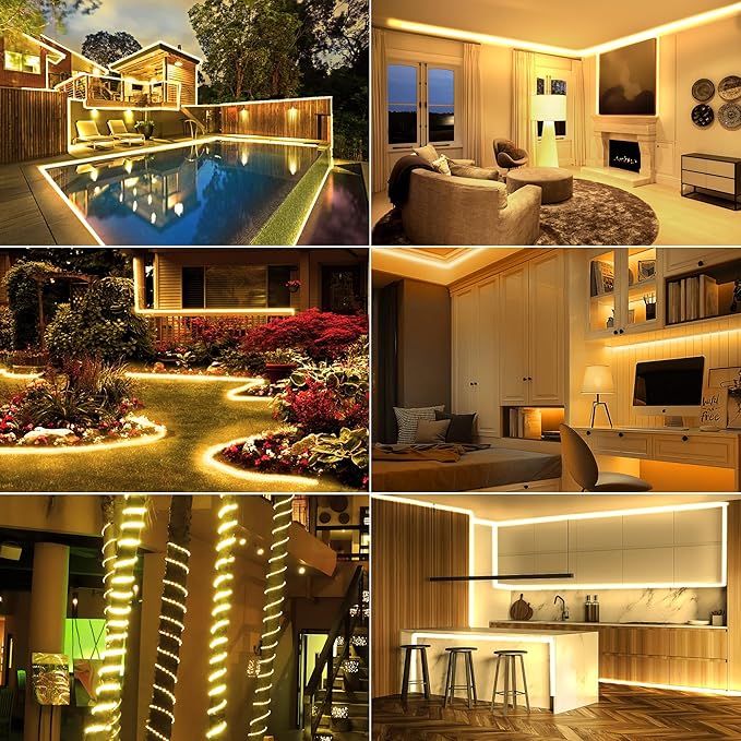 100ft 1200 LED Rope Lights Outdoor, Connectable Warm White Rope Lights Plug in, Outdoor String Lights Waterproof Decorative Lighting for Deck Patio Backyard Garden Pool Camping Room Indoor Décor