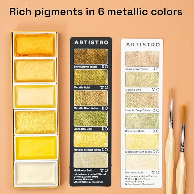 ARTISTRO Professional Metallic Watercolor Paint Set for Adults - 6 Pigment-Rich Gold Colors, XL Pans, ASTM-I Lightfastness, High Tinting Strength Watercolor Set for Professionals made by professionals