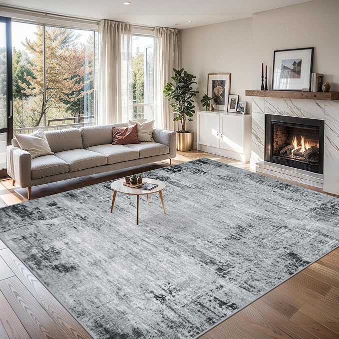 Area Rugs Living Room Rug - 4x6 Washable Modern Abstract Soft Neutral Non-Slip Carpet Large Indoor Floor Thin Carpets for Bedroom Dining Room Farmhouse Nursery Home Office Black