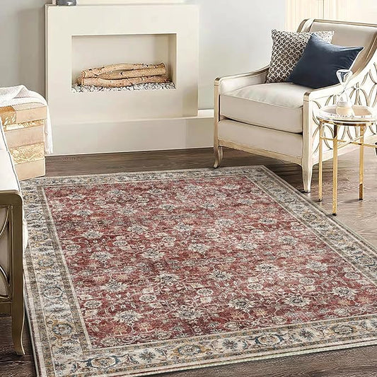 Area Rug 5'x7' Washable Rug Vintage Traditional Floor Cover Thin Retro Kitchen Indoor Distressed Non Slip Carpet for Living Room Bedroom Dining Room