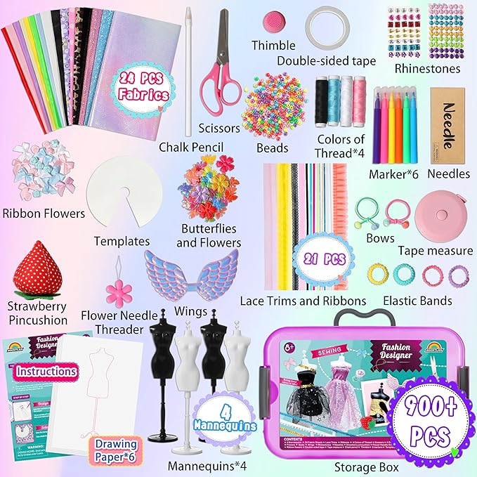 900+ Fashion Designer Kits for Girls with Mannequins-Kids Sewing Kits，Girls Fashion Design Gift，Arts and Crafts Kit，Girl Craft Activities Age 6 7 8 9 10 11 12