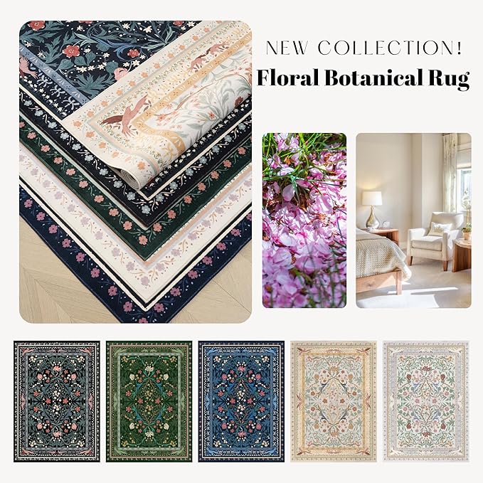 Bedroom Rug 3x5 Rug Washable Area Rug Non Slip Low Pile Vintage Floral Botanical Small Carpet for Bedroom, Bedside, Kitchen, Entryway, Kids Room, Office, Green